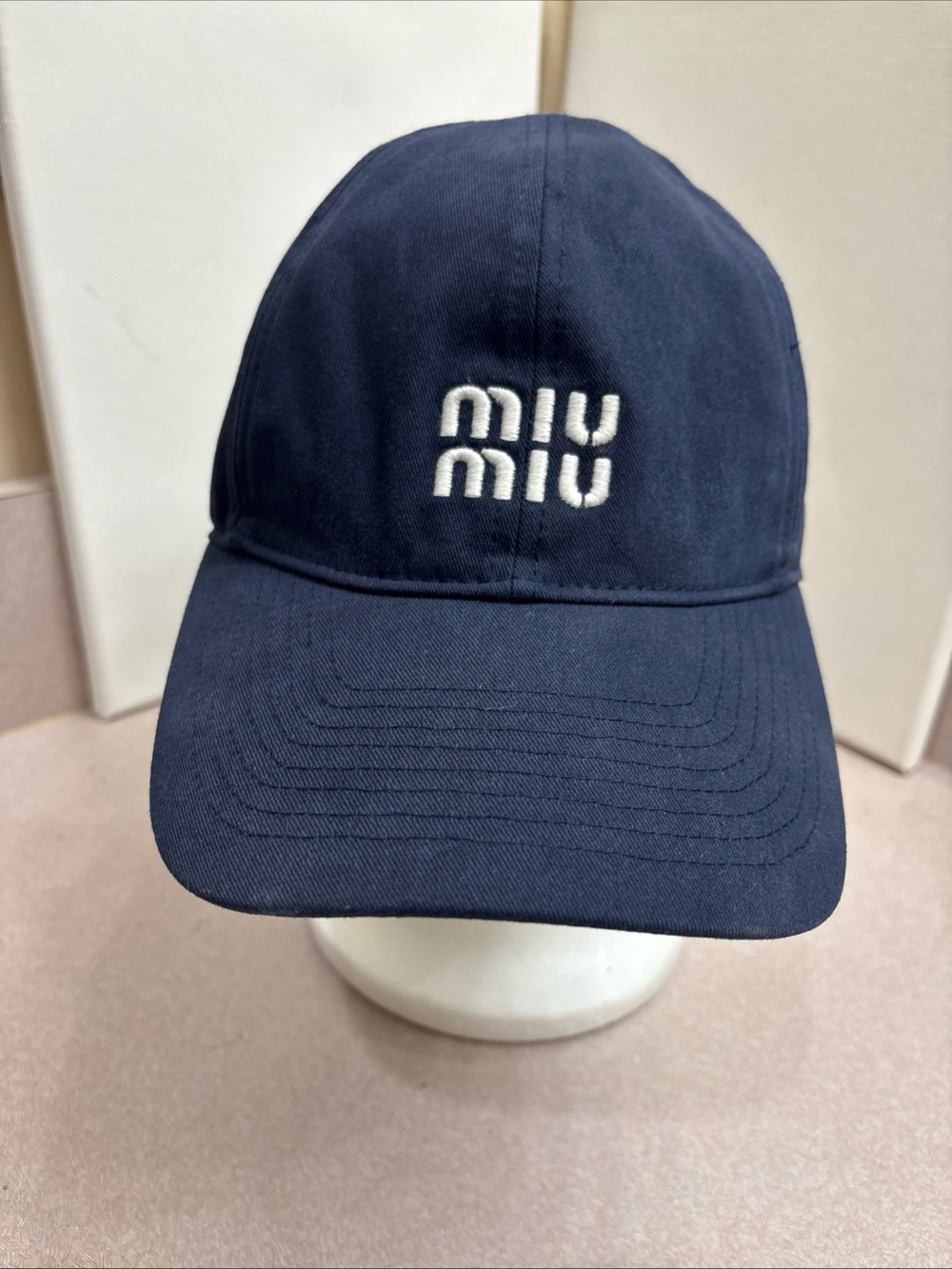 Miu Miu Embroidered Logo Drawstring Baseball Cap Hat Blue Soft Rim Adjustable